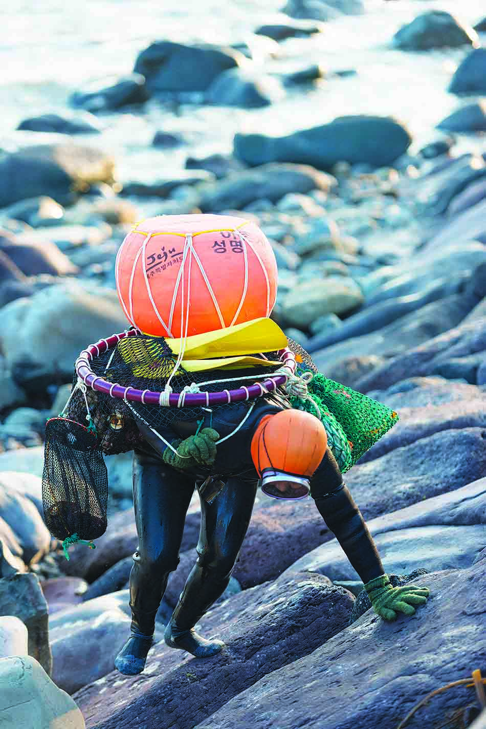 Un plongeur sur des rochers, portant un équipement traditionnel pour la récolte sous-marine.